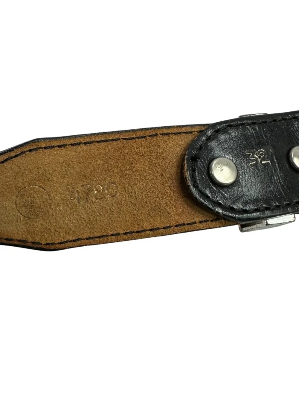 Vintage Black Leather Western Concho Belt Silver Engraved Buckle Boho Size 32